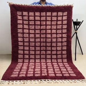 Burgundy Moroccan Rug, Blush Pink Checkered Shag, Handwoven Beni Ourain Wool Berber Carpet