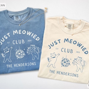 Camiseta de boda con diseño de gato recién casado, camiseta a juego para pareja de recién casados, colores cómodos, camiseta de Sr. y Sra., regalo de luna de miel para la novia y el novio.