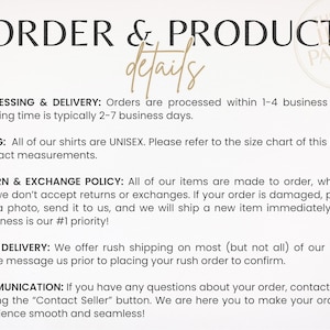 K&ouml;nnte beinhalten: Text auf cremefarbenem Hintergrund mit den Worten "ORDER & PRODUCT details" in Schwarz und Gold. Informationen umfassen Verarbeitung, Lieferung, Gr&ouml;&szlig;e, R&uuml;ckgabebedingungen, Eillieferung und Kommunikationsdetails.