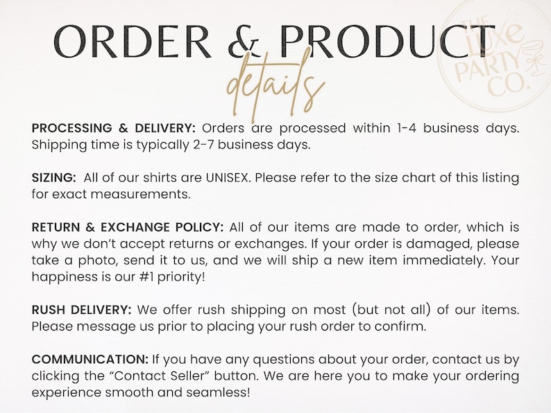 K&ouml;nnte beinhalten: Text auf cremefarbenem Hintergrund mit den Worten "ORDER & PRODUCT details" in Schwarz und Gold. Informationen umfassen Verarbeitung, Lieferung, Gr&ouml;&szlig;e, R&uuml;ckgabebedingungen, Eillieferung und Kommunikationsdetails.