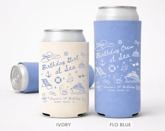 Birthday Cruise Can Cooler, Custom Beach Birthday Party Favors, Tropical 30th Birthday Beer Can Sleeve in Regular and Slim Size
