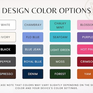 K&ouml;nnte beinhalten: Bild mit einer Farbkarte mit verschiedenen Designfarboptionen. Farben sind Wei&szlig;, Elfenbein, Schwarz, Pfeffer, Espresso, Chambray, Flo Blue, Blue Jean, Royalblau, Denim, Kreideminze, Meerschaum, Hellgr&uuml;n, Moos, Wald, Bl&uuml;te, Lila, Pink, Karmesinrot und Yam.