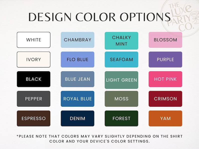 K&ouml;nnte beinhalten: Bild mit einer Farbkarte mit verschiedenen Designfarboptionen. Farben sind Wei&szlig;, Elfenbein, Schwarz, Pfeffer, Espresso, Chambray, Flo Blue, Blue Jean, Royalblau, Denim, Kreideminze, Meerschaum, Hellgr&uuml;n, Moos, Wald, Bl&uuml;te, Lila, Pink, Karmesinrot und Yam.