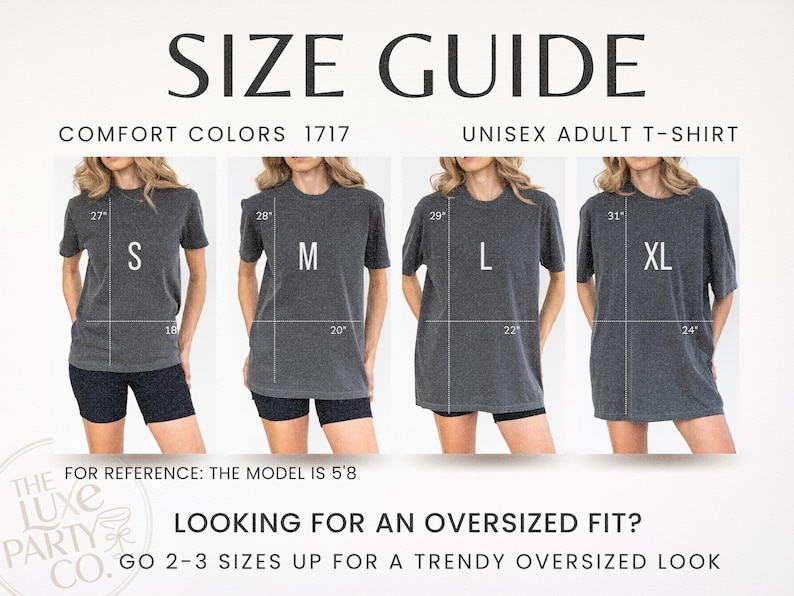 K&ouml;nnte beinhalten: Gr&ouml;&szlig;entabelle f&uuml;r Unisex-Erwachsenen-T-Shirts. Das Bild zeigt vier Models, die graue Comfort Colors 1717 T-Shirts in den Gr&ouml;&szlig;en S, M, L und XL tragen. Die Ma&szlig;e sind in Zoll angegeben. Der Text lautet: &bdquo;Auf der Suche nach einer Oversize-Passform? Gehen Sie 2-3 Gr&ouml;&szlig;en hoch.&ldquo;