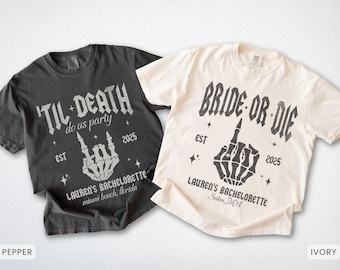 Camisetas de despedida de soltera "Bride Or Die", regalos de despedida de soltera de Halloween "Hasta que la muerte nos separe", camiseta de novia gótica, camisetas divertidas de esqueleto de Bach