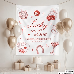 Banner "Suerte en el amor", decoración para despedida de soltera en Las Vegas, fondo fotográfico personalizado para despedida de soltera, letrero de bienvenida para despedida de soltera, tapiz de Casino Bach