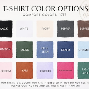 K&ouml;nnte beinhalten: Eine Farbkarte f&uuml;r T-Shirts mit Farbfeldern in Schwarz, Wei&szlig;, Elfenbein, Pfeffer, Espresso, Karmesinrot, Moosgr&uuml;n, Blue Jean, Denim, Chambray, Blossom, Yam, Orchidee, Crunchberry und Hellgr&uuml;n. Der Text lautet "T-SHIRT FARBOPTIONEN".