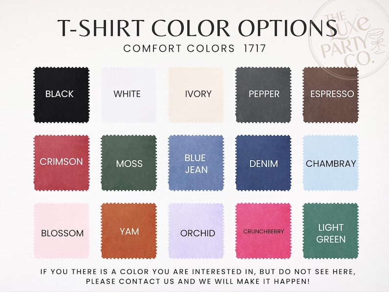 K&ouml;nnte beinhalten: Eine Farbkarte f&uuml;r T-Shirts mit Farbfeldern in Schwarz, Wei&szlig;, Elfenbein, Pfeffer, Espresso, Karmesinrot, Moosgr&uuml;n, Blue Jean, Denim, Chambray, Blossom, Yam, Orchidee, Crunchberry und Hellgr&uuml;n. Der Text lautet "T-SHIRT FARBOPTIONEN".