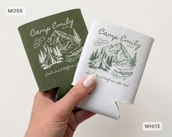 Custom Camp Bachelorette Party Can Coolers, Personalized Last Trail Before The Veil Drink Beer Sleeves, Camp Themed Bridal Party Favors