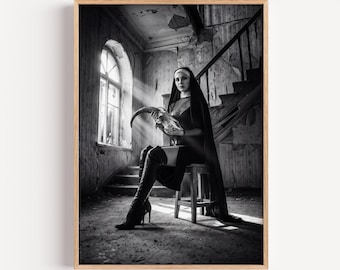 Gothic Nun Goat Skull Art Print – Dark Academia Photography Poster
