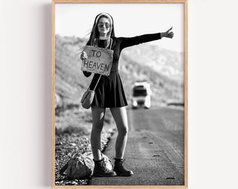Funny Nun Hitchhiker Art Print | Edgy Black White Poster | To Heaven Road Trip Gothic Wall Decor