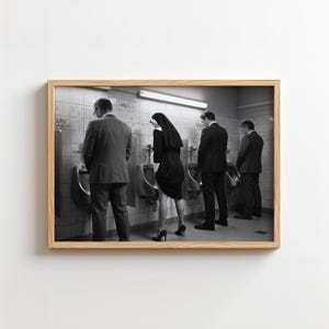 Nun at Urinal Poster - Funny Bathroom Art, Surreal Toilet Decor Print