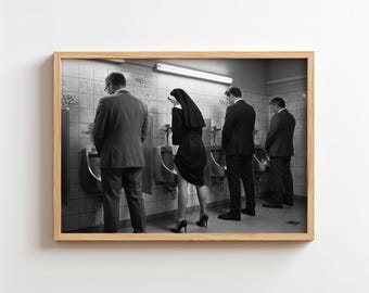 Nun at Urinal Poster - Funny Bathroom Art, Surreal Toilet Decor Print