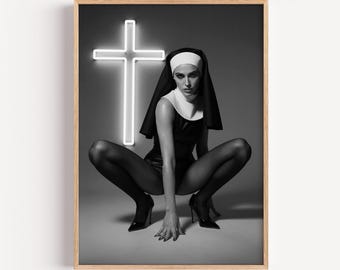 Edgy Nun Art Print with Neon Cross - Black and White Poster