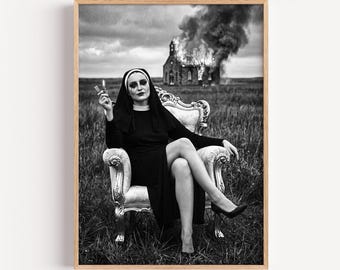 Burning Church Nun Wall Art, Gothic Nun Lighter Photo Print, Dark Aesthetic Poster, Bad Nun Decor