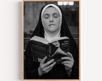 Nun Reading Book Wall Art | Dark Humor Poster | Edgy Pop Culture Room Decor Print