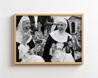 Nuns in Graveyard Art Print - Smoking & Drinking Minimalist Poster