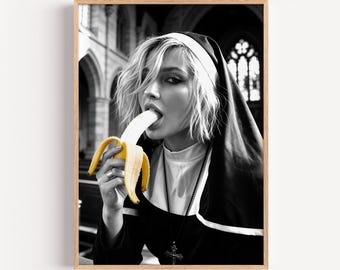 Edgy Nun Banana Art Print | Provocative Church Wall Decor | Pop Art Color Splash Gothic Poster