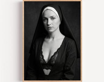 Edgy Nun in Lace Bra Photo Print | Black and White Gothic Wall Art | Dark Aesthetic Fine Art