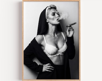 Smoking Nun Wall Art, Sexy Nun Underwear Cigar Photo Print, Dark Aesthetic Gothic Bedroom Decor