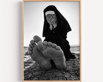 Barefoot Nun Desert Art Print, Gothic Nun Feet Poster, Black and White Moody Eclectic Wall Decor