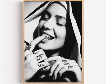 Edgy Nun Tattoo Art Print | Black White Gothic Poster | Subversive Love Finger Knuckle Wall Decor