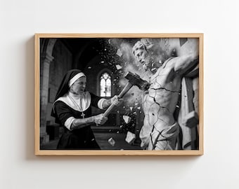 Rebel Nun Smashing Statue Art Print | Gothic Punk Wall Decor | Dark Surrealism Photography