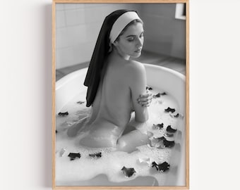 Nun in Bathtub Art Print, Black and White Bathroom Wall Decor, Quirky Nun Poster