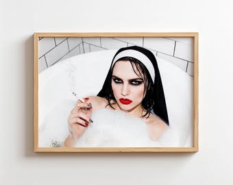 Smoking Nun in Bathtub Art Print | Dark Aesthetic & Gothic Wall Decor