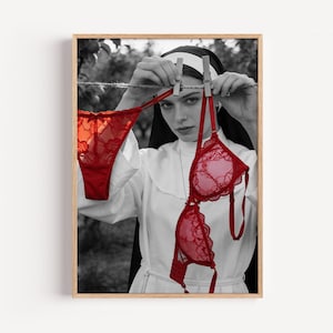 Black and White Nun Poster | Red Lingerie Art Photography