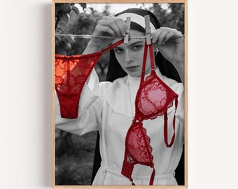 Black and White Nun Poster | Red Lingerie Art Photography