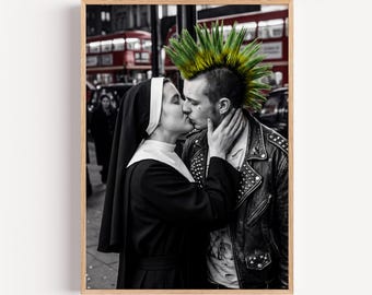 Punk Nun Kissing Print, London Street Photography, Alternative Wall Art