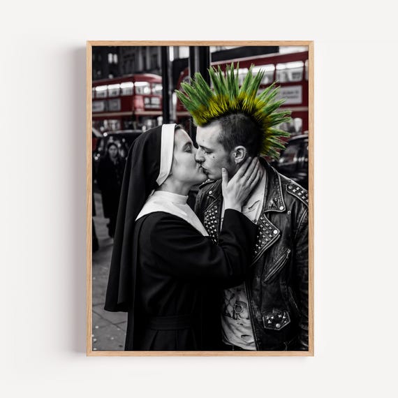 Punk Nun Kissing Print, London Street Photography, Alternative Wall Art