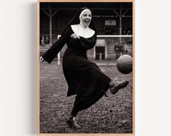Funny Nun Playing Soccer Art Print | Vintage Football Wall Decor | Quirky Retro Sports Photo