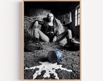 Edgy Rebel Nun Wall Art, Spilled Milk Gothic Photo Print, Dark Aesthetic Punk Leather Poster Art