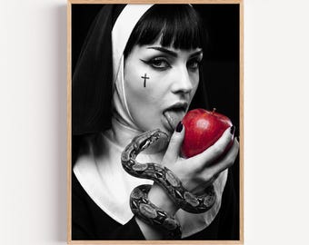 Gothic Nun with Snake Art Print | Forbidden Fruit Red Apple Wall Decor | Dark Surrealism Photo