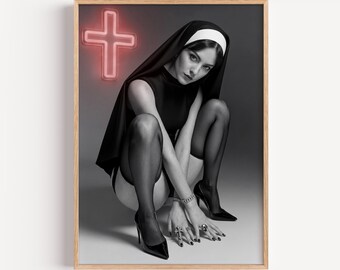 Minimalist Fashion Nun Print | Neon Cross Photography Art