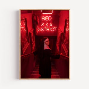 Gothic Nun in Red Light District Art Print | Neon Sign Wall Decor | Dark Occult Photography Photo