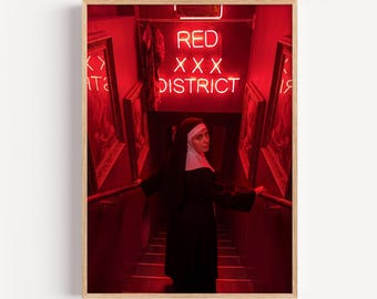 Gothic Nun in Red Light District Art Print | Neon Sign Wall Decor | Dark Occult Photography Photo