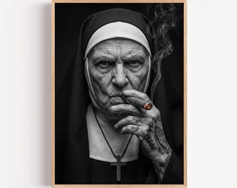 Smoking Nun Cigar Art Print, Bad Nun Tattoo Poster, Black and White Moody Wall Decor Badass Portrait