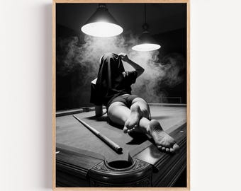 Nun on Pool Table Poster, Moody Black and White Art