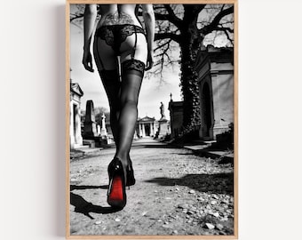 Gothic Tattooed Nun Wall Art, Sexy Lingerie Cemetery Photo Print, Red Bottom High Heels Poster