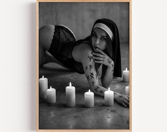 Gothic Nun Lingerie Art Print | Dark Occult Ritual Wall Decor | Sexy Witch Candle Photography