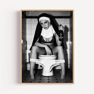 Edgy Nun Altered Art Print – Provocative Black and White Photography