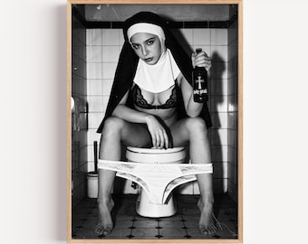 Edgy Nun Altered Art Print – Provocative Black and White Photography