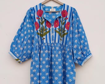 Handgemaakte katoenen midi-jurk, zakken, zomerkleding