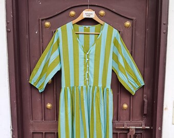 Green Blue Striped Cotton Maxi Dress, Handmade V-Neck Button Front Boho Summer