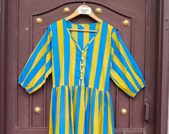 Striped Cotton Maxi Dress, Handmade V-Neck Button Front Summer Boho Style