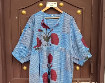 Blue Check Floral Cotton Maxi Dress, Loose Fit Summer Dress with Pockets