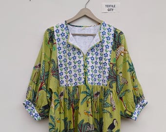 Handmade Green Cotton Midi Dress, Tropical Print, Boho Summer Style